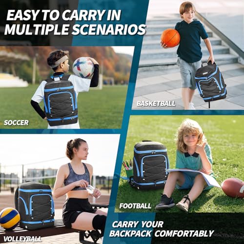Soccer Backpack with Ball Holder, Shoe Compartment & Insulated Cooler Pocket - Black Blue, 2025 Variant