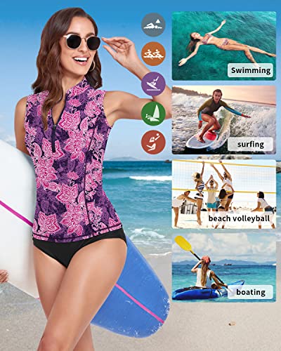 Women Rash Guard Tankini Swim Shirt with Zipper and Built-in Bra - Purple Floral, Medium