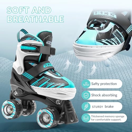 Kids Adjustable Roller Skates Cyan Medium-Big Size 13J-3 US - Safe & Comfortable