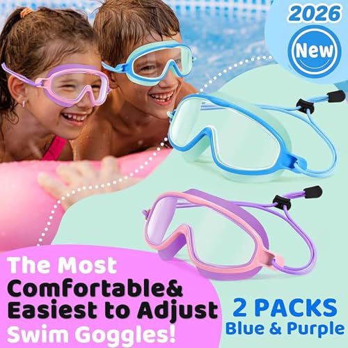 Kids Swim Goggles Wide View Anti-Fog UV Bungee Strap - Light Blue & Purple