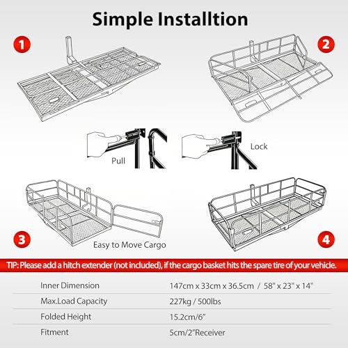 LOCKIETTA 14.4x24x60-Inch Folding Hitch Cargo Carrier Basket 500LBS Waterproof Rack