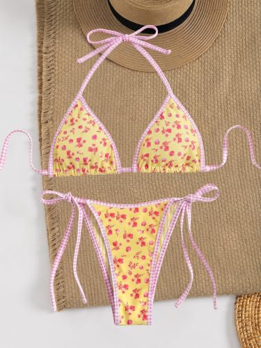 Women's Triangle Bikini Set Small Yellow Floral Swimsuit