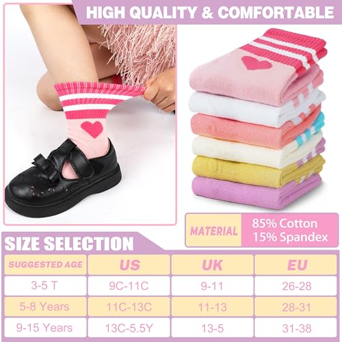 Kids Girls Athletic Sport Socks 9-15 Years Heart Design 6 Pairs Breathable Cotton Crew Socks