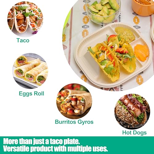 Disposable Taco Plates Set 50 Pack with 2 Slots & 2 Sides - Biodegradable Cornstarch, Microwave Safe