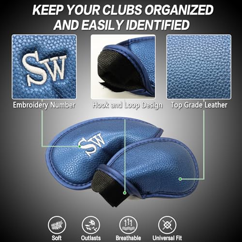 Golf Iron Head Covers Set - 1 Side Blue Synthetic Leather Protection