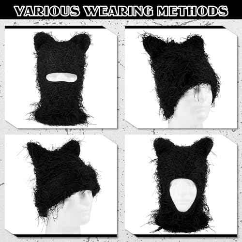 Newcotte Black Distressed Balaclava Ski Mask with Cat Ear Knitted Beanie Y2k Full Face Mask Furry Cap Windproof Winter Hat Neck Warmer for Men Women