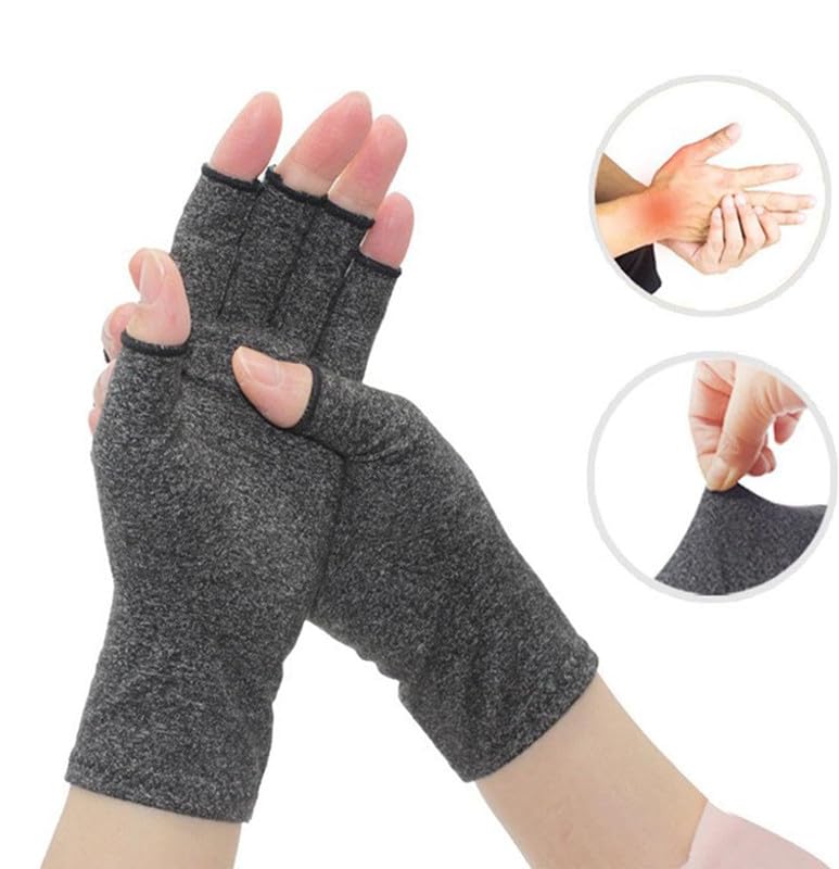Large Gray Breathable Compression Arthritis Gloves for Men & Women - Fingerless Design