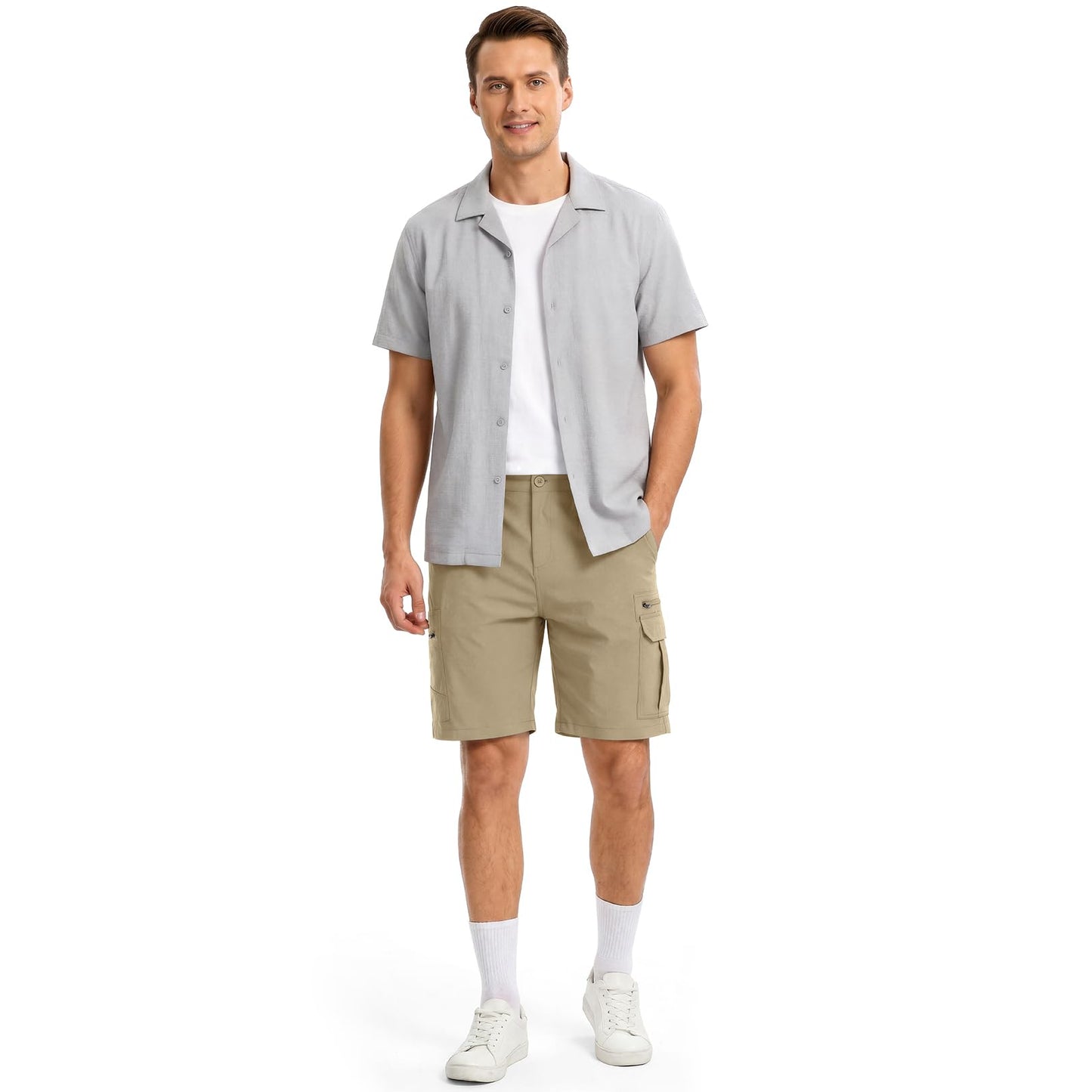 Jessie Kidden Mens Outdoor Casual Expandable Waist Lightweight Water Resistant Quick Dry Fishing Hiking Shorts (6222 Khaki 10inch 29)