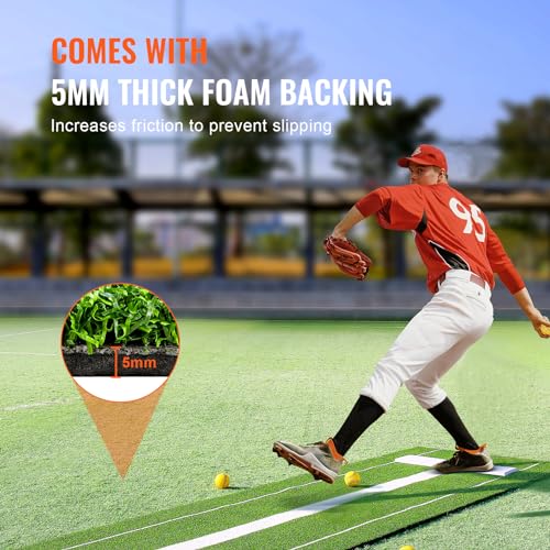 VEVOR 10x3ft Softball/Baseball Pitching Mat with Rubber Mound - Anti-Fade Turf & Anti-Slip Foam Backing, Portable Fastpitch Training Aid for Indoor/Outdoor Practice (Red/Green)