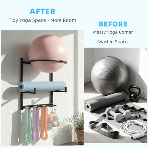 Wall Mounted Yoga Ball & Mat Storage Rack Organizer for Home Gym