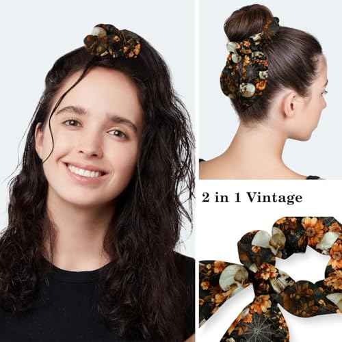Scrub Caps Women, Adjustable Surgical Caps with Ponytail Pouch, Working Cap with Bow Hair Scrunchy, Bouffant Hat with Buttons, Skull Halloween Autumn Gothic Vintage Floral Retro