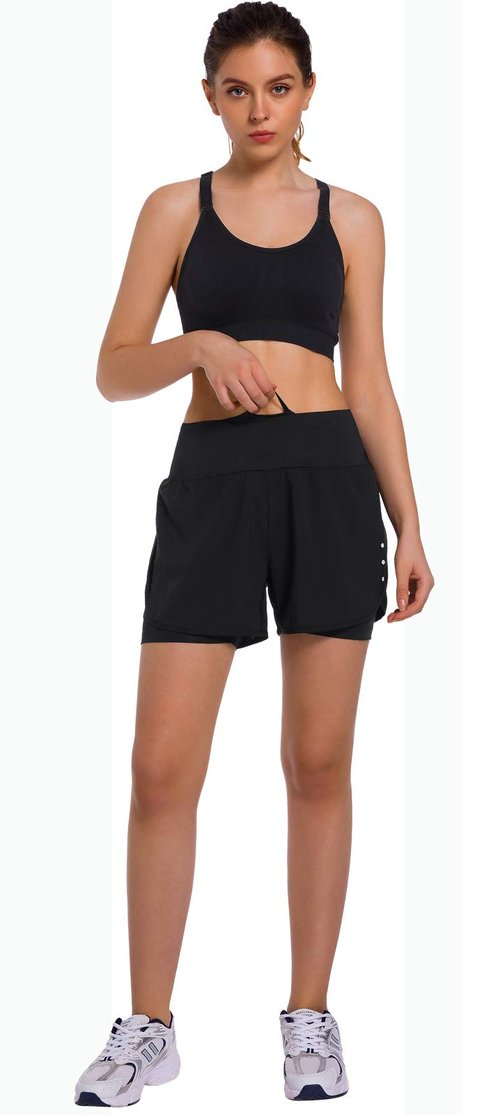 Ksmien Women's 2 in 1 Running Shorts - Lightweight Athletic Workout Gym Yoga Shorts Liner with Phone Pockets Black