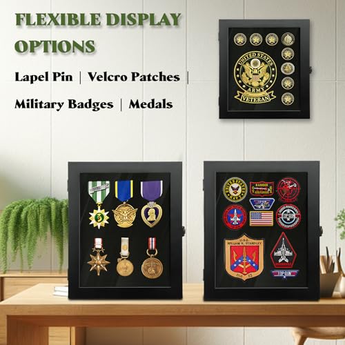 8 x 10 Solid Wood Lapel Pin Display Case with UV Protected Glass for Military Medals & Badges