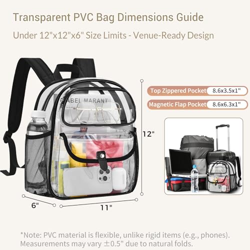 Clear Stadium Backpack with Multi-Pocket & Wide Straps - Black