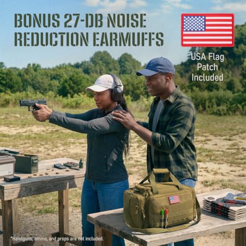 Tactical Range Bag with Pistol Cases & Hearing Protection - Khaki Brown