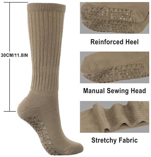 Pilates Socks with Grips for Women - Yoga Slouch Scrunch Socks, 5-11, Beige & Coffee Brown