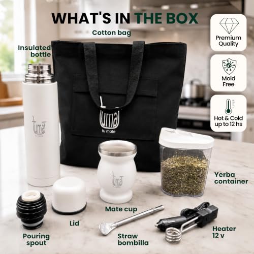 Yerba Mate Set with Stainless Steel Cup, Bombilla & Thermos - White Classic Kit