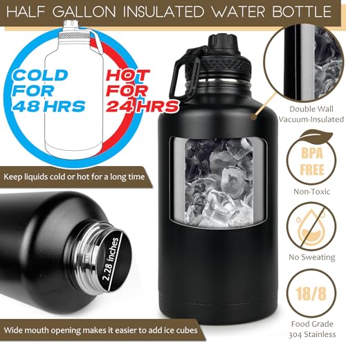 Half Gallon Insulated Water Bottle with Sleeve - 64 Oz Camo Black, Straps & Handle