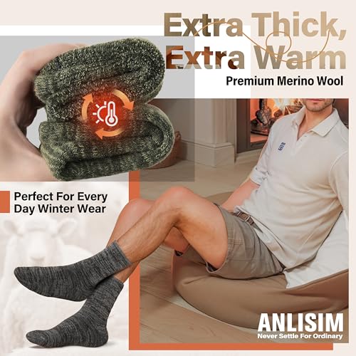 Anlisim Merino Wool Hiking Socks - Crew Work Socks for Men Women Large Green/Black/Grey