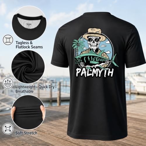 Palmyth Men's Short Sleeve Fishing Shirt UPF 50+ Quick Dry T-Shirt Black Skull Large