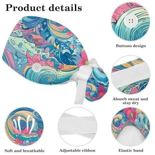 Scrub Caps Women, Surgical Caps with Ponytail Pouch and Buttons, Nurse Bouffant Adjustable, with Bow Hair Scrunchy, Wave and Floral Vintage Japanese Abstract Art Blue