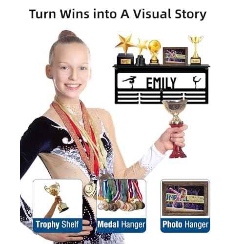 Personalized Medal Hanger Display with Trophy Shelf, Custom Medal Holder with Name and Sports, Baseball, Dance, Football, Gymnastics, Karate, Running, Soccer