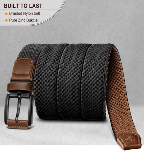 Men's Reversible Stretch Braided Web Belt 1 3/8 Inch with Gift Box, Black & Light Brown, Adjustable Waist 32-36