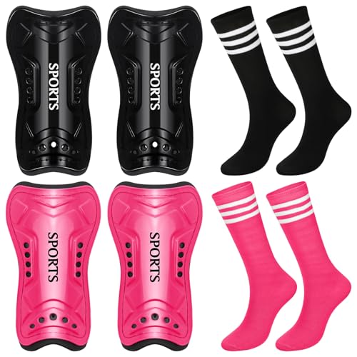 Kids Soccer Shin Guards Set with Socks - Black & Rose Red, Small