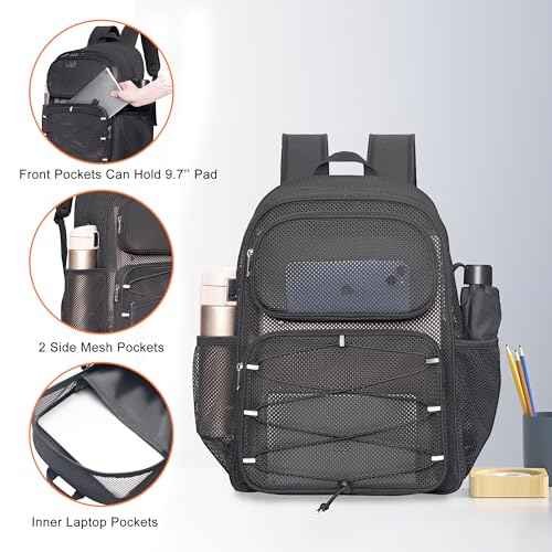 Mesh Backpack Heavy Duty See Through Mesh Bag with Paded Strap Large Capacity for Sports Hiking Travel Outdoor Beach, Black
