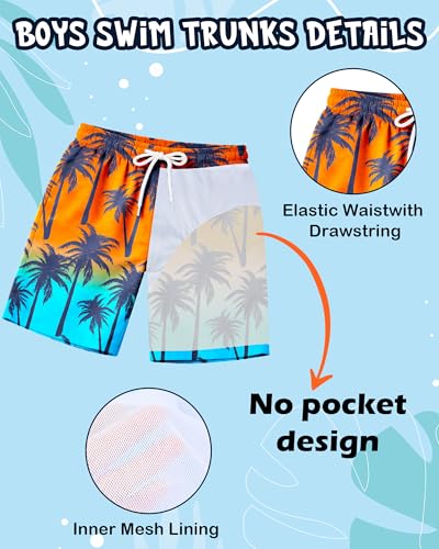 Kids Boys Swim Set with Rash Guard & Trunks - Orange Green Beach and Coconut Tree, Size 5-6 Years