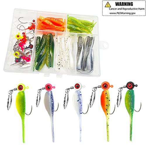 Crappie Fishing Lure Set 50pcs with Jig Heads & Hooks - 2in Baits, Includes Variation A