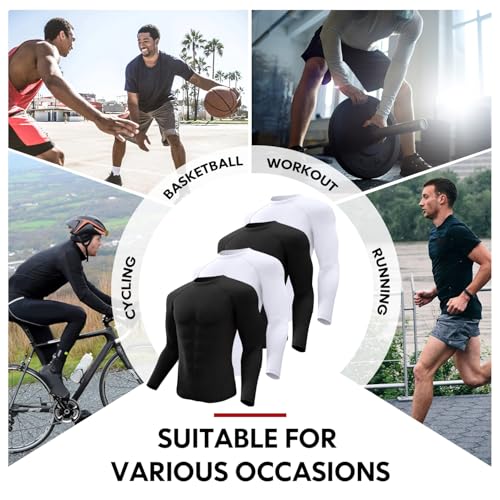 Men's Compression Rash Guard Shirts 4 Pack Long & Short Sleeve Workout Tops - Black & White