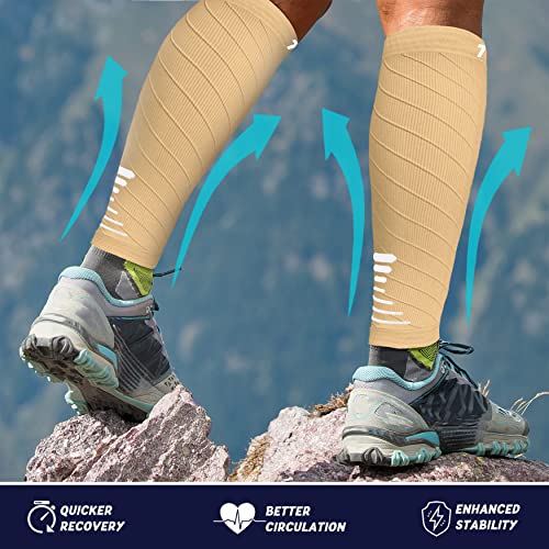 Calf Compression Sleeve for Men Women 2 Pairs - Leg Support Socks for Running Swelling Varicose Veins Pain Relief - Beige/White Medium