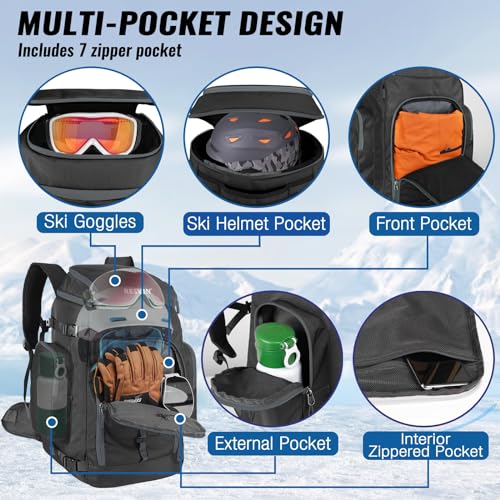RESVIN Ski Boot Bag 65L Waterproof Travel Backpack for Snowboarding - Light Black
