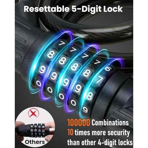 Combination Bike Lock Cable - with LED Bike Tail Light and Keypad Light, IPX6 Waterproof Heavy Duty Strong Anti-Theft 5 Digit Keyless Cable Lock, for Kids Adult Bike Accessories (4FT, Black-0.5 inch)
