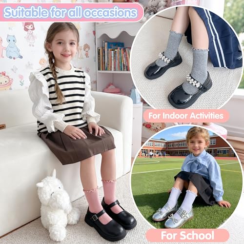 Kids Girls Ruffle Socks 6 Pairs Uniform School Dress Frilly Cotton Crew Pink/Light Pink/White/Off White/Khaki/Grey 5-8 Years