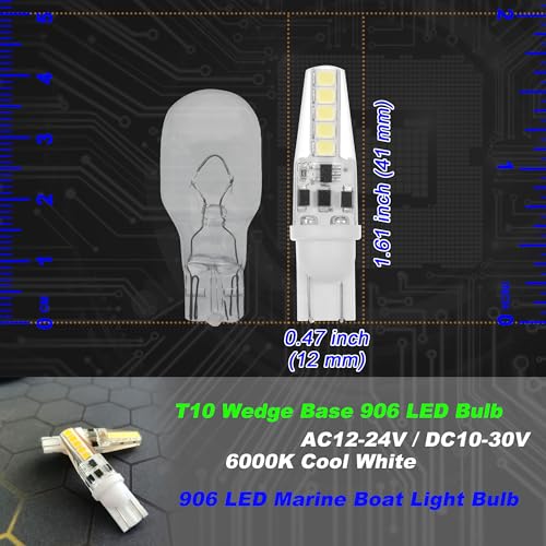 Marine T10 Wedge Base LED Bulb 906 6000K Cool White - 4 Pack, Daylight White Variant