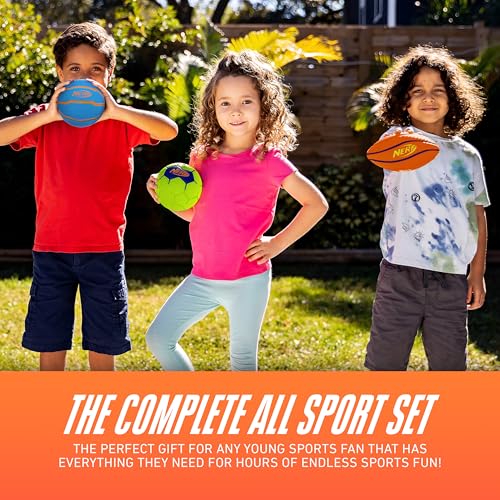 Nerf Mini Foam Sports Ball Set - 3 Pack, Orange Green Blue, Indoor Outdoor Play