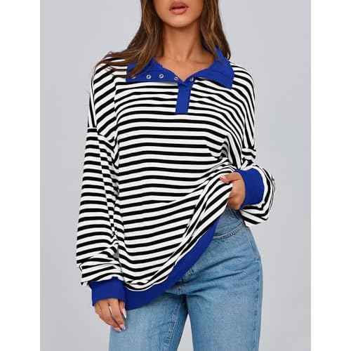 PRETTYGARDEN Women's Oversized Striped Sweatshirts Spring Fall Trendy Casual Long Sleeve Button Up Tops Shirt Preppy Clothes