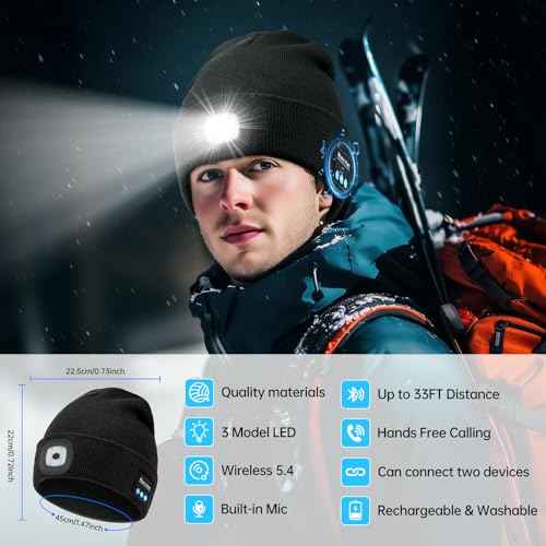 MUSIC LED Beanie Hat with Bluetooth, Rechargeable Hat with 3-Mode Headlamp & Hands-Free Calling,Warm Knit Cap for Men and Women, Ideal for Outdoor Night Activities Black
