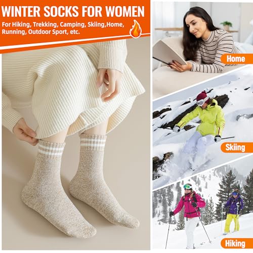 Thermal Ski Socks for Women - Extra Thick Insulated Winter Crew Socks with Variation Black, Khaki, Grey - 3 Pairs