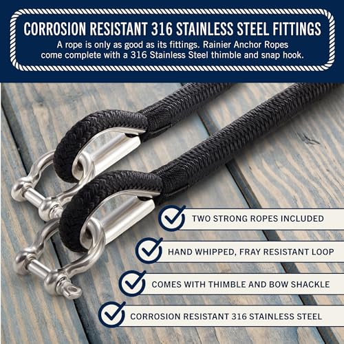 50ft Double Braided Marine Anchor Rope Set - Black, 2 Pack with Stainless Steel Thimbles & Heavy Duty Shackles