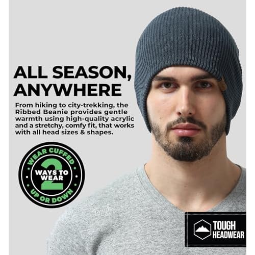Tough Headwear Ribbed Beanie Hat - Four-Way Stretch Beanie for Women & Men - Lightweight, Soft Acrylic Knit Winter Hat