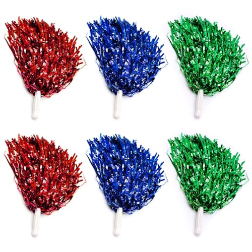 3 Pack Cheerleading Pom Poms with Handles - Colorful Metallic Sport Accessories