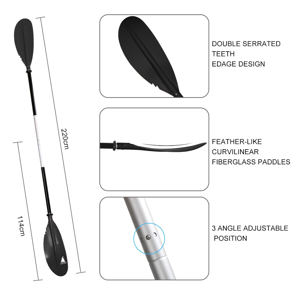 Karltion Kayak Paddle - Adjustable 2 Pieces Aluminum Alloy Shaft with Glass Fiber Blade for Surfing,Oar Fishing Easy Packable Travel- Black