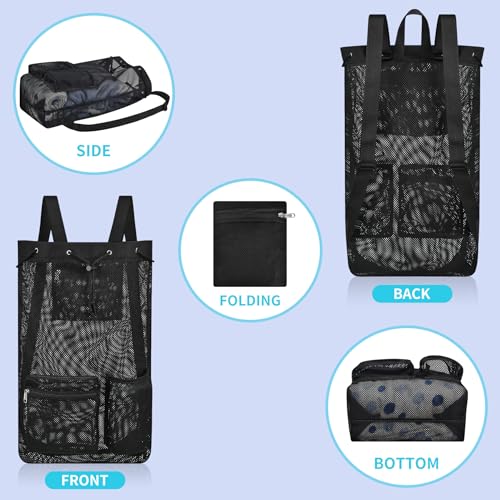 Large Mesh Drawstring Backpack for Gym & Travel - Black, 21x12.5x5.5 Inches
