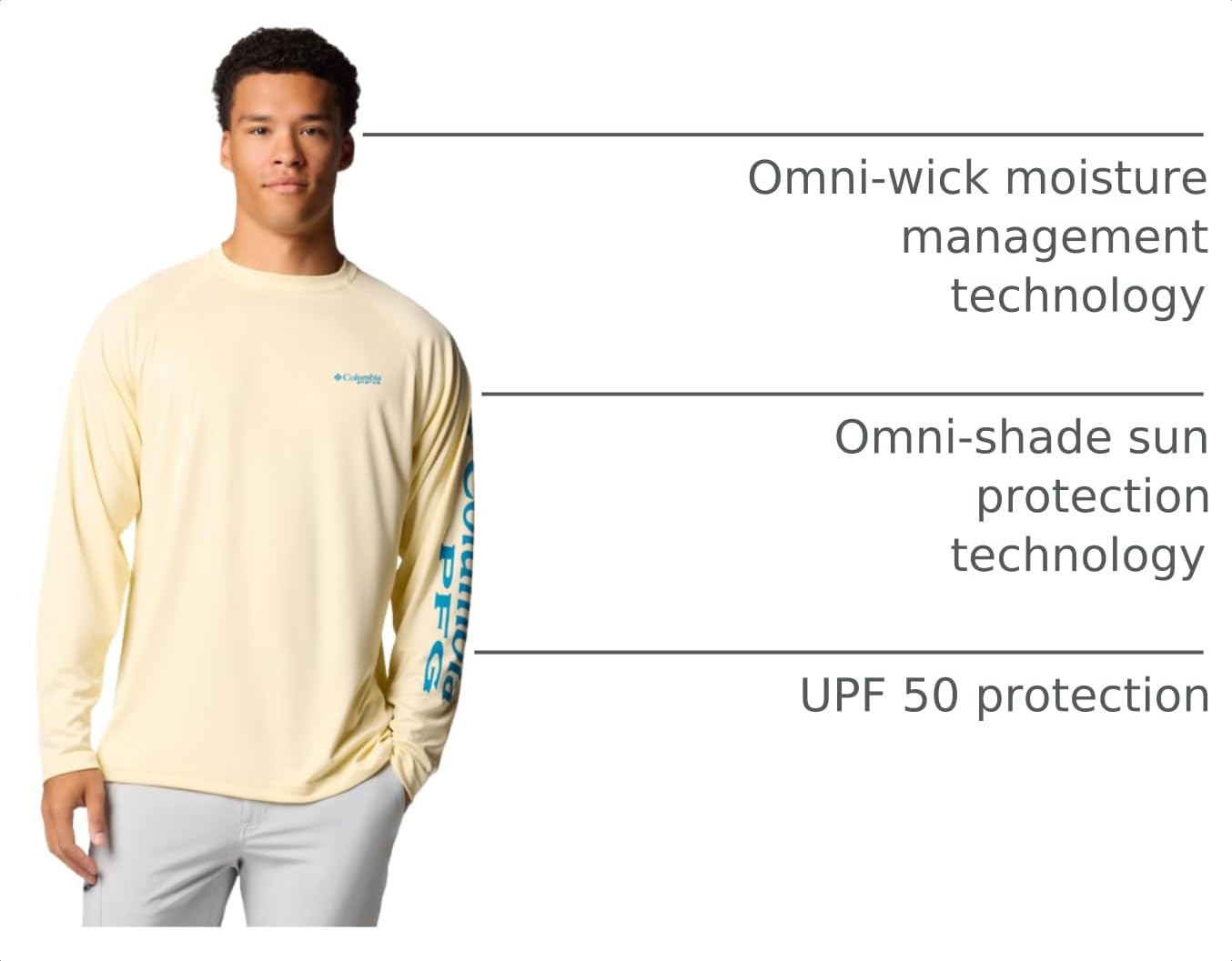Columbia Men's PFG Terminal Tackle Long Sleeve Fishing Shirt, Lemon Wash/Blue Echo Logo, 2X