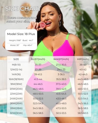 Plus Size High Waisted Bikini Set - Color Block Two-Piece Swimsuit, Green Pink Black 16