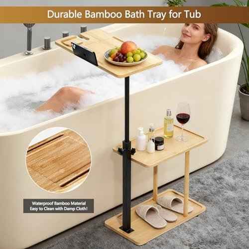 3 Layer Bathtub Tray Table,Bamboo Swivel Bathtub Side Table Height Adjustable,Freestanding Bathtub Tray for Tub Against Wall,Bathtub Accessories&Bathroom Organizer for Luxury Home Spa (Natural1)