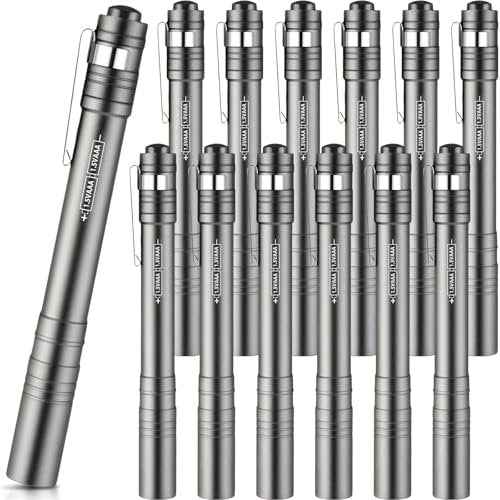 12 Pack LED Penlight Bulk, Pocket Flashlight with Clip, Aluminum Pen Flashlights Mini Pen Light for Nurses Hospital Outdoor Camping Emergency Hiking (Silver Gray)
